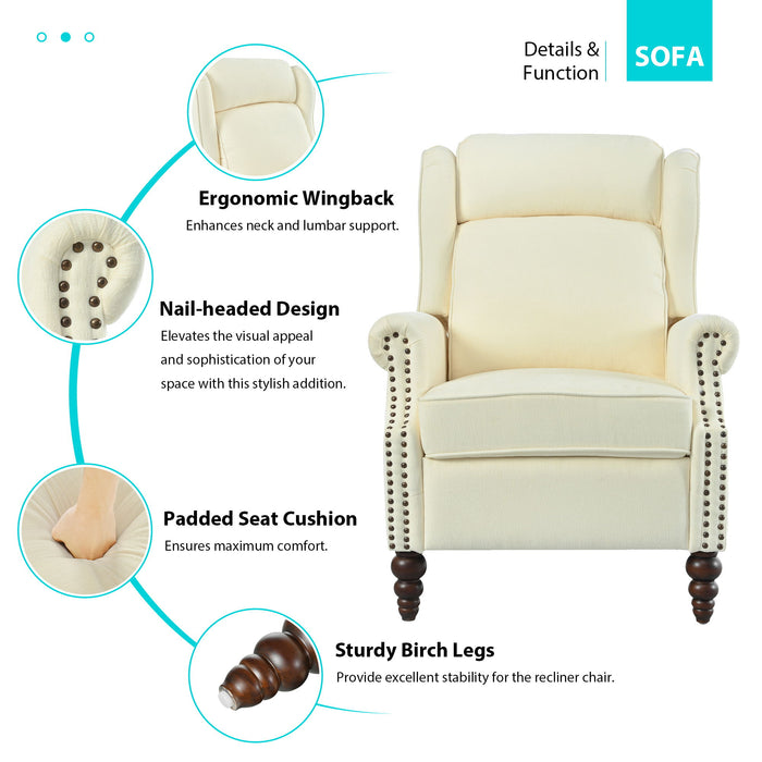 Push Back Recliner Chair Upholstered Recliner Armchair With Classic Wing Back And Solid Gourd-Shaped Legs