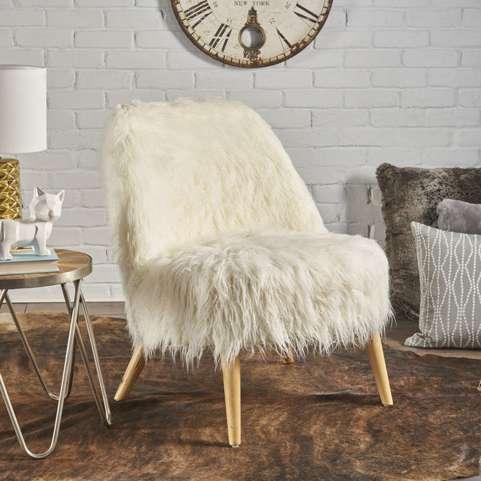Modern Glam Club Chair With Shaggy Textures - White