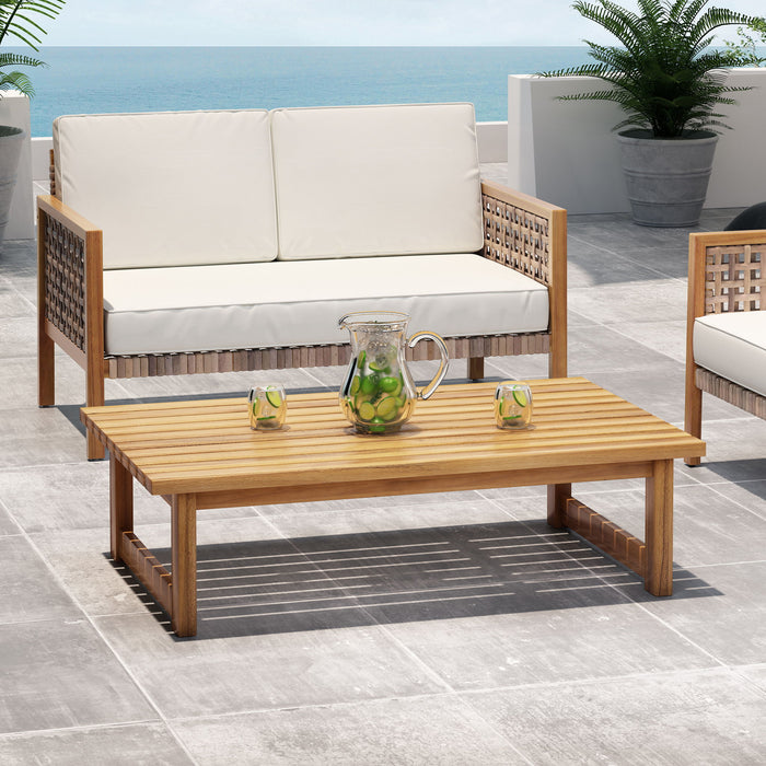 Outdoor Coffee Table With Slat Top Design And Sled Base - Teak