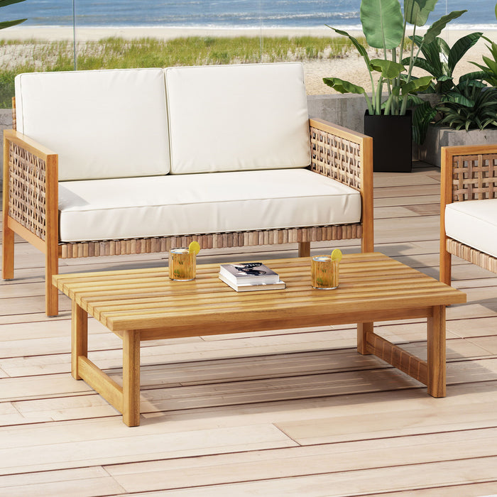 Outdoor Coffee Table With Slat Top Design And Sled Base - Teak