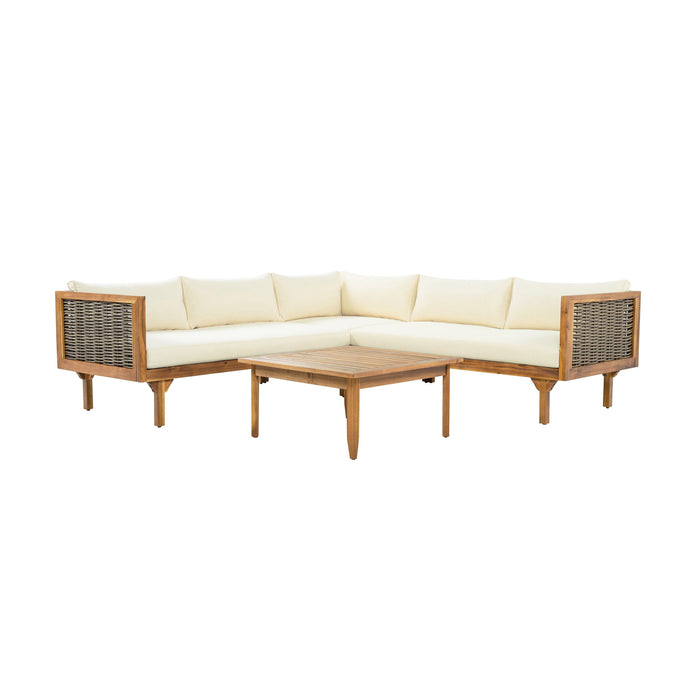 Premium Outdoor Sofa Set With Waterproof Cushions Sectional Seating Group With Acacia Wood And Wicker - Brown Mix / Beige