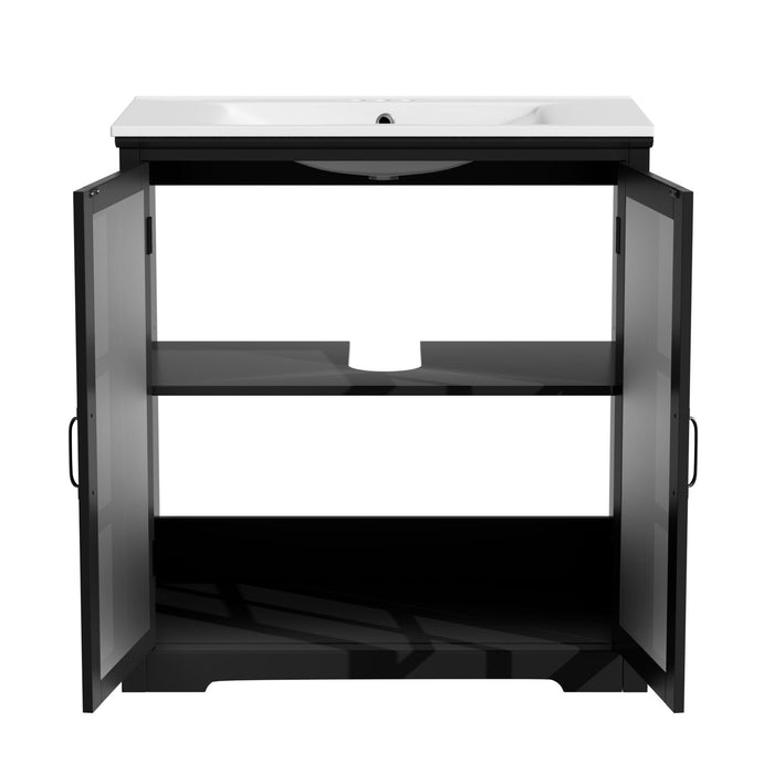 Modern Bathroom Vanity With Ceramic Sink, Tempered Blurred Glass Doors