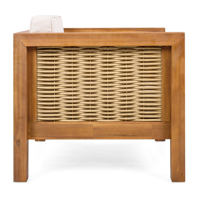 Outdoor Club Chair With Rope Arm And Cushions - Beige / Teak