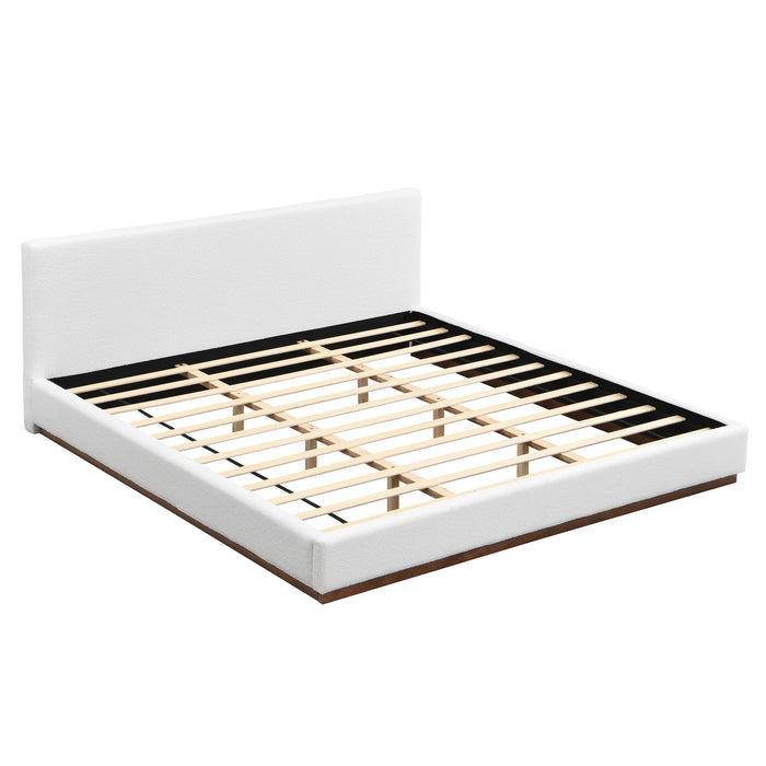 Elegant Boucle Upholstered Bed With Wood Grain Textured Solid Wood Base Frame