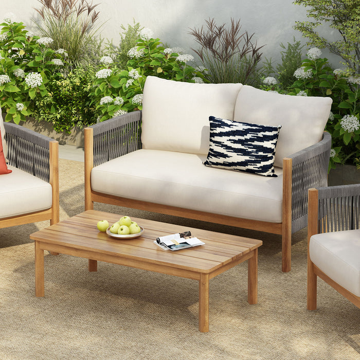 2 Pieces Outdoor Acacia Furniture Set, Woven Rope Outdoor Patio Loveseat, 2 Seat Deep Seating Group With Cushions And Coffee Table For Porch - Teak / Gray / Beige