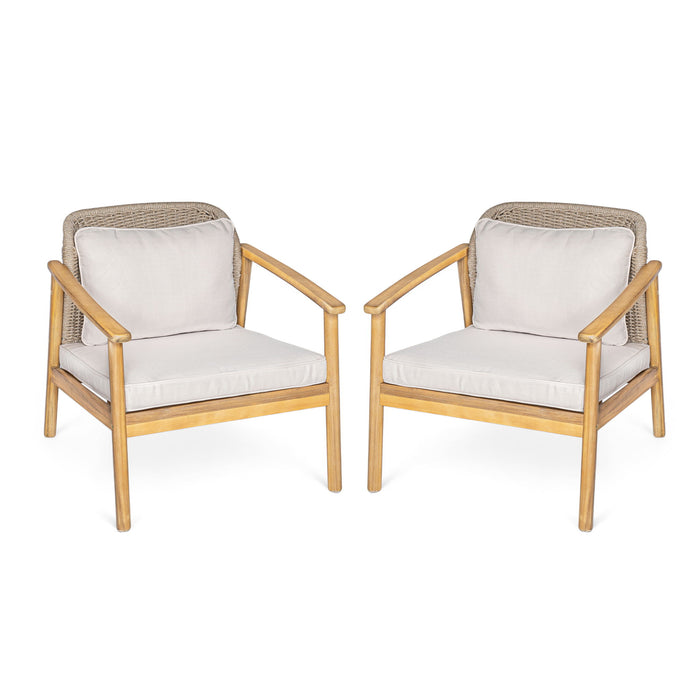 2 Piece Outdoor Acacia Wood Patio Club Chair, Patio Furniture Arm Chair With Woven Rope Backrest, Deep Seating For Porch - Light Teak / Beige