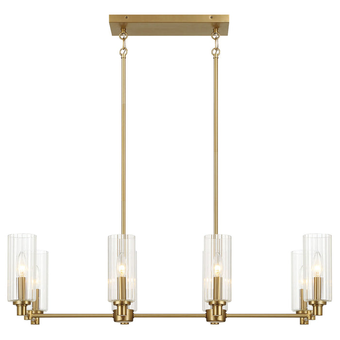 Willow - 8 Lights Island With Clear Ribbed Pendant Lamp Satin - Antique Brass / Clear / Gold