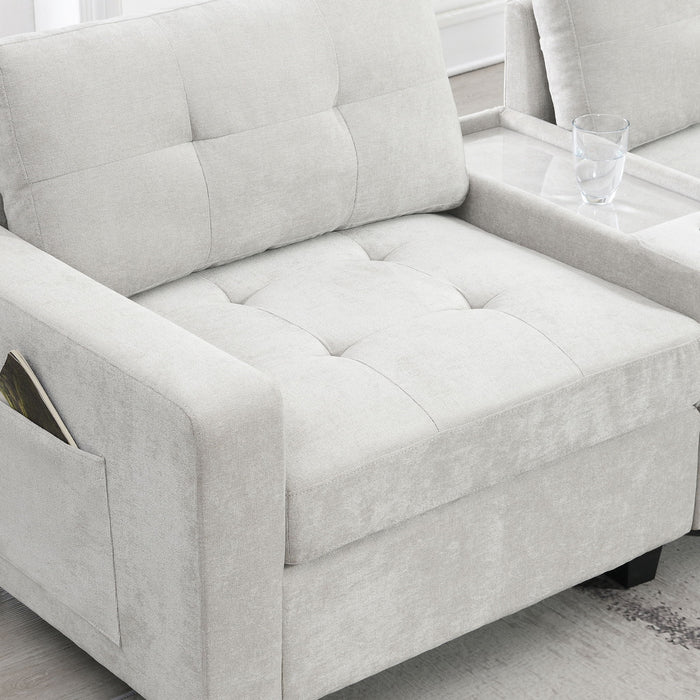 Sectional With Acrylic Table Top U Shaped Couch Set With 2 Consoles USB Charger, Storage Drawers And Pockets Movable Ottoman Tufted Sofa