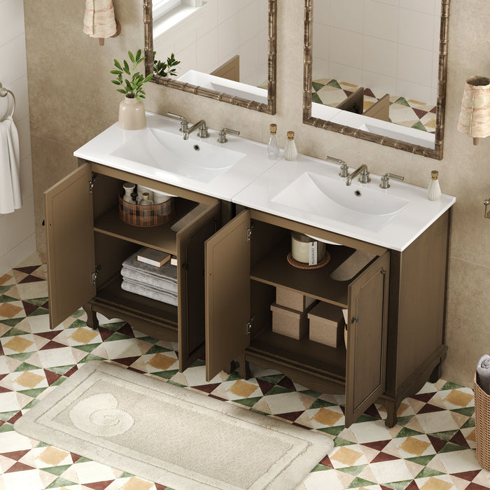 Vintage Double Sink Bathroom Vanity Set With Ceramic Sinks
