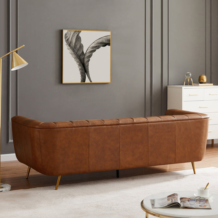 Ava - Genuine Italian Leather Channel Tufted Sofa - Gold / Tan