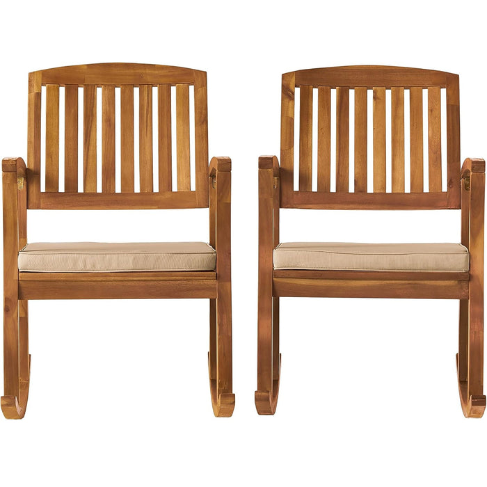 Acacia Wood Outdoor Patio Rocking Chair With Cushion (Set of 2) - Natural / Cream