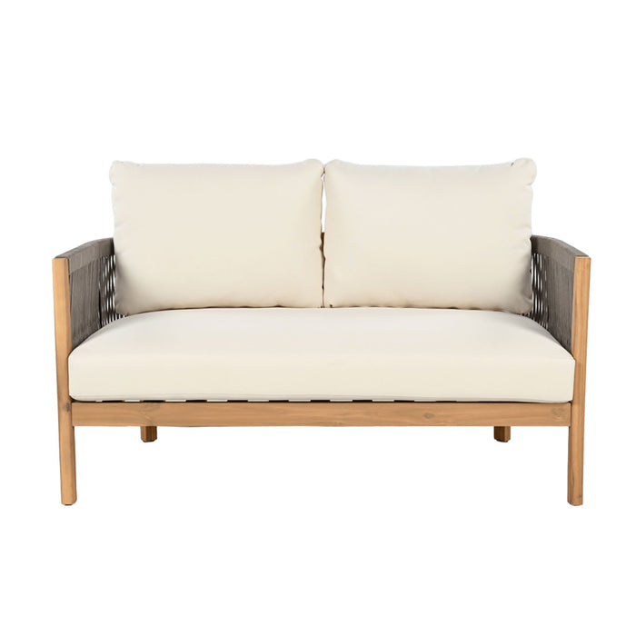 2 Pieces Outdoor Acacia Furniture Set, Woven Rope Outdoor Patio Loveseat, 2 Seat Deep Seating Group With Cushions And Coffee Table For Porch - Teak / Gray / Beige