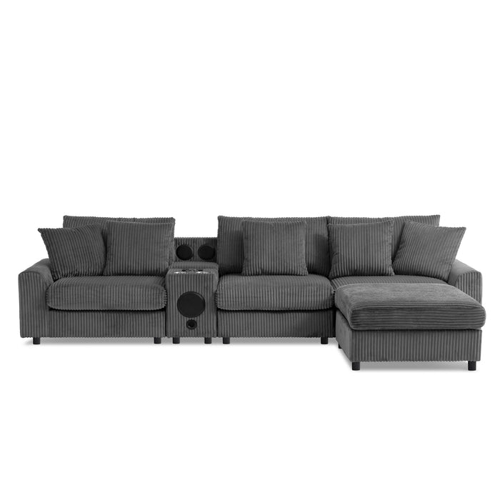 Sectional With Bluetooth Speakers L Shaped Couch With Console USB Charger, Cup Holders Storage Ottoman Deep And Wide Seat Cloud Sofa