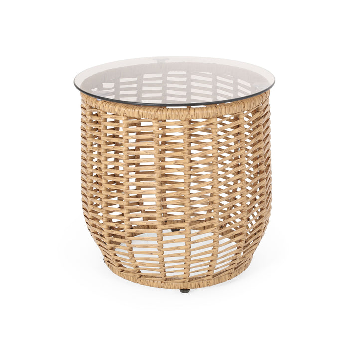 Boho Arias - Side Table With Tempered Glass Top And Rattan Wrap
