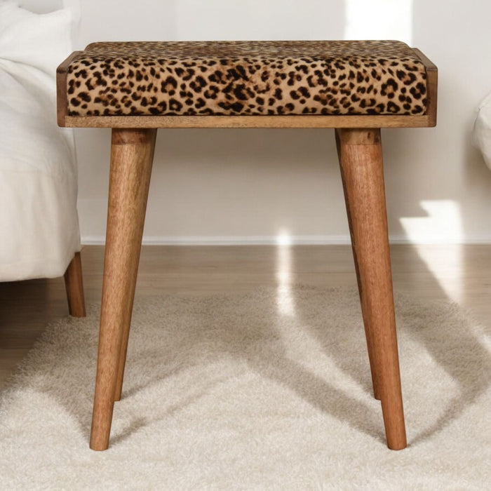 Leopard Velvet Tray Style Footstool - Brown Oak