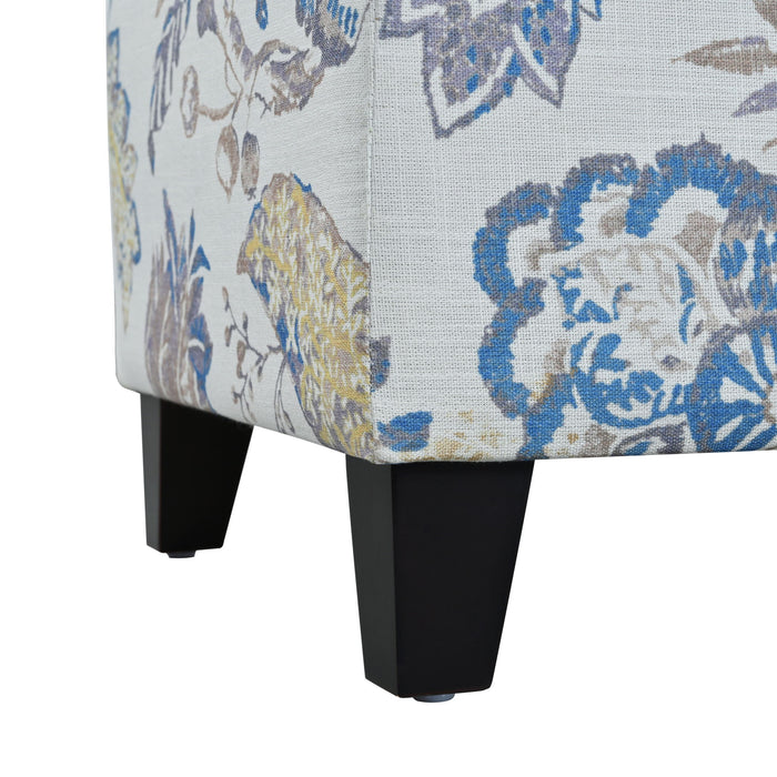 Luxury Storage Ottoman With Floral Patterned Fabric, Soft Close Hinges, Functional Footrest & Seat - Blue Flower / Blue Multi