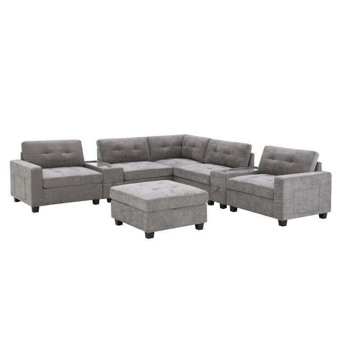 Sectional With Acrylic Table Top U Shaped Couch Set With 2 Consoles USB Charger, Storage Drawers And Pockets Movable Ottoman Tufted Sofa