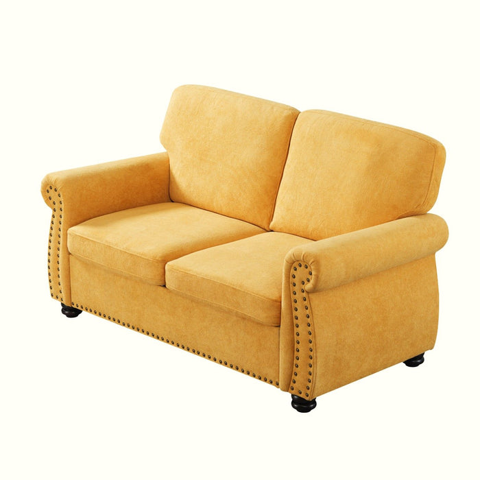 Soft Loveseat, Upholstered 2 Seater Couch, Loose Back Cushions And Turned Legs
