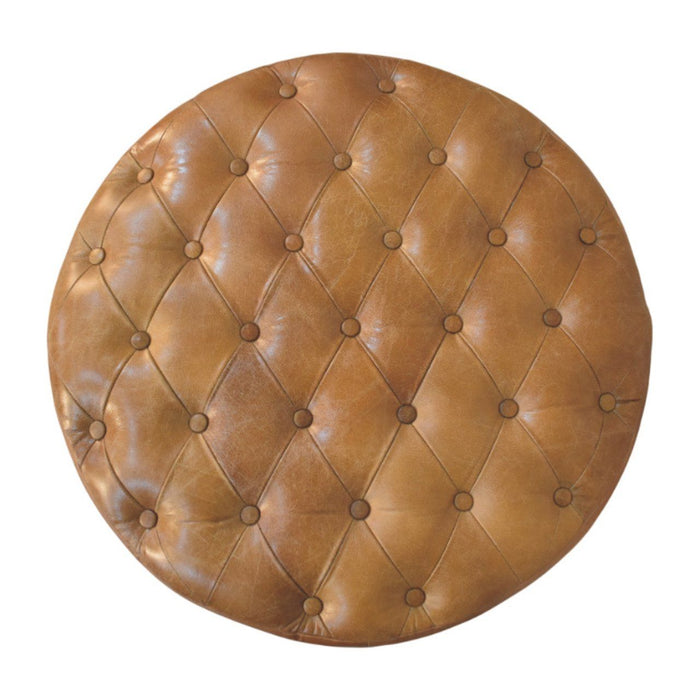 Buffalo - Leather Round Ottoman With Castor Legs - Brown