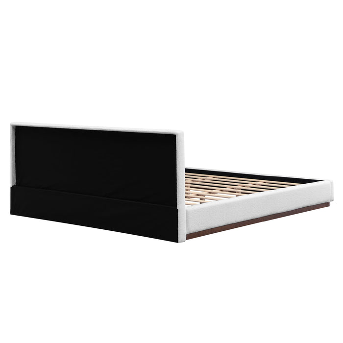 Elegant Boucle Upholstered Bed With Wood Grain Textured Solid Wood Base Frame